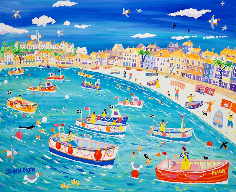 John Dyer Painting. Swimming with Seals, St Ives, Cornwall. John Dyer