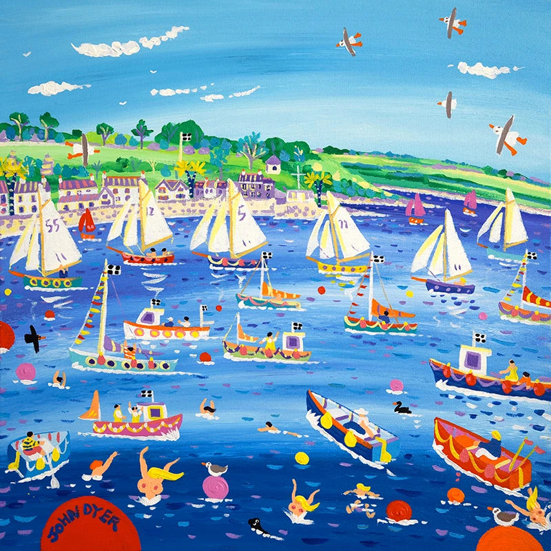 John Dyer Painting. Racing on the River, Falmouth, Cornwall. John Dyer