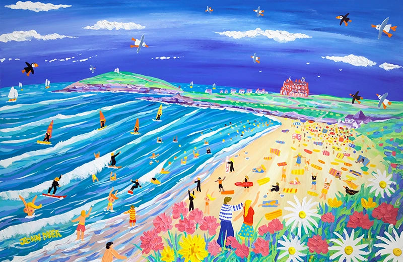 John Dyer Painting. Fistral Beach Fun, Newquay, Cornwall. John Dyer
