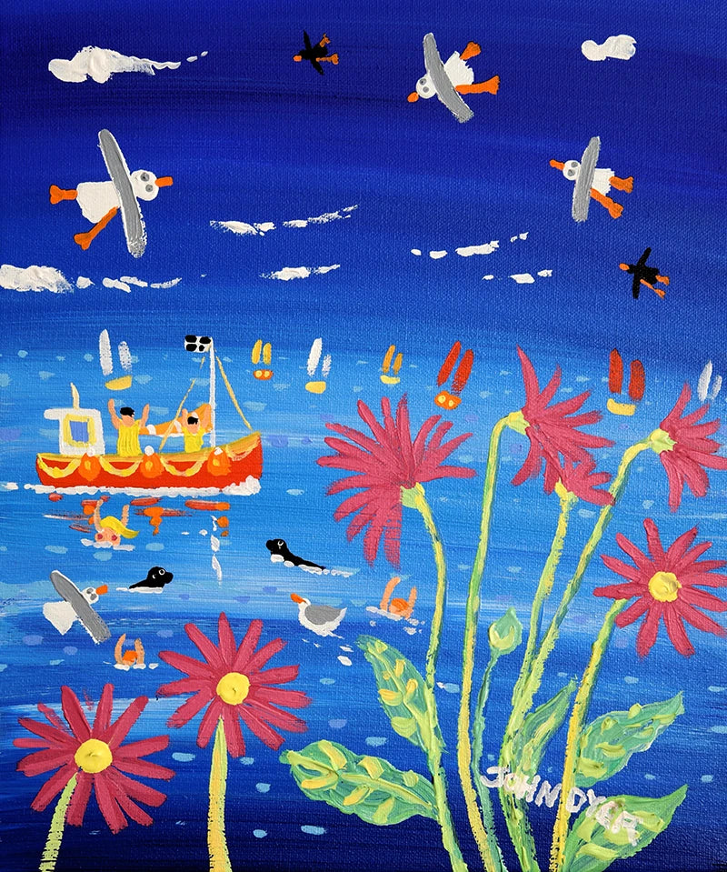 John Dyer Painting. Bobbing in the Blue, Cornwall. John Dyer