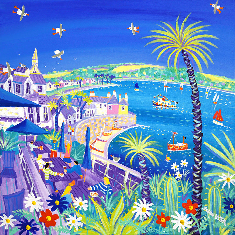 Tresanton Hotel terrace looking towards St Mawes in Cornwall. Signed print by artist John Dyer.