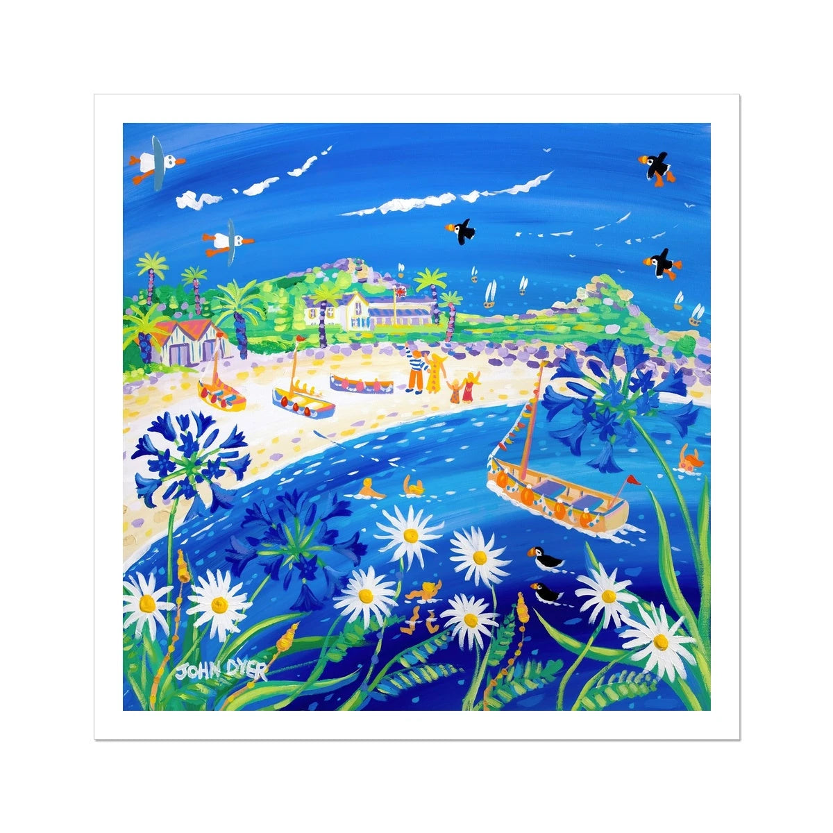 John Dyer Fine Art Beach Print. Open Edition Cornish Art Print. 'Puffin Days, Tresco'. Cornwall Art Gallery John Dyer