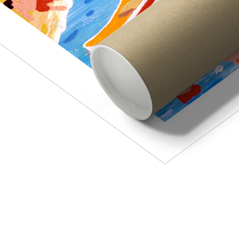 John Dyer Framed Open Edition Cornish Fine Art Print. 'White Washed Buildings on the Beach, Calella, Spain'. Cornwall Art Gallery