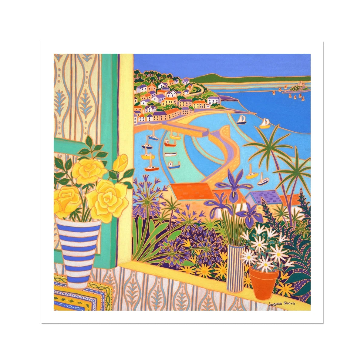 Joanne Short Fine Art Open Edition Coastal Garden Still Life Cornish Art Print 'Roses in the Window, Mousehole'. Cornwall Art Gallery Joanne Short