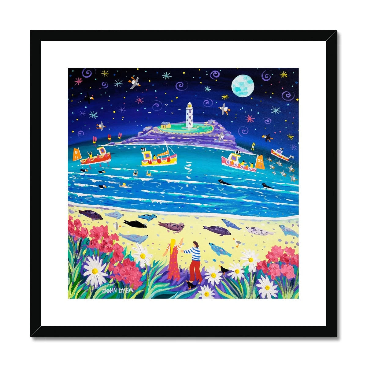 John Dyer Framed Open Edition Cornish Fine Art Beach Print. 'Snoozing Seals under the Moon, Godrevy Lighthouse'. Cornwall Art Gallery John Dyer