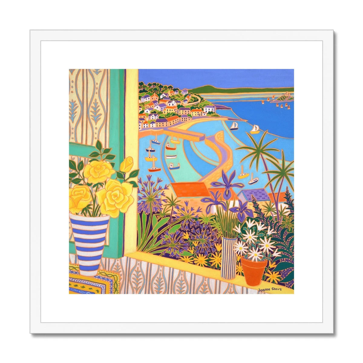 Joanne Short Framed Open Edition Coastal Cornish Still Life Fine Art Print. 'Roses in the Window, Mousehole'. Cornwall Art Gallery Joanne Short