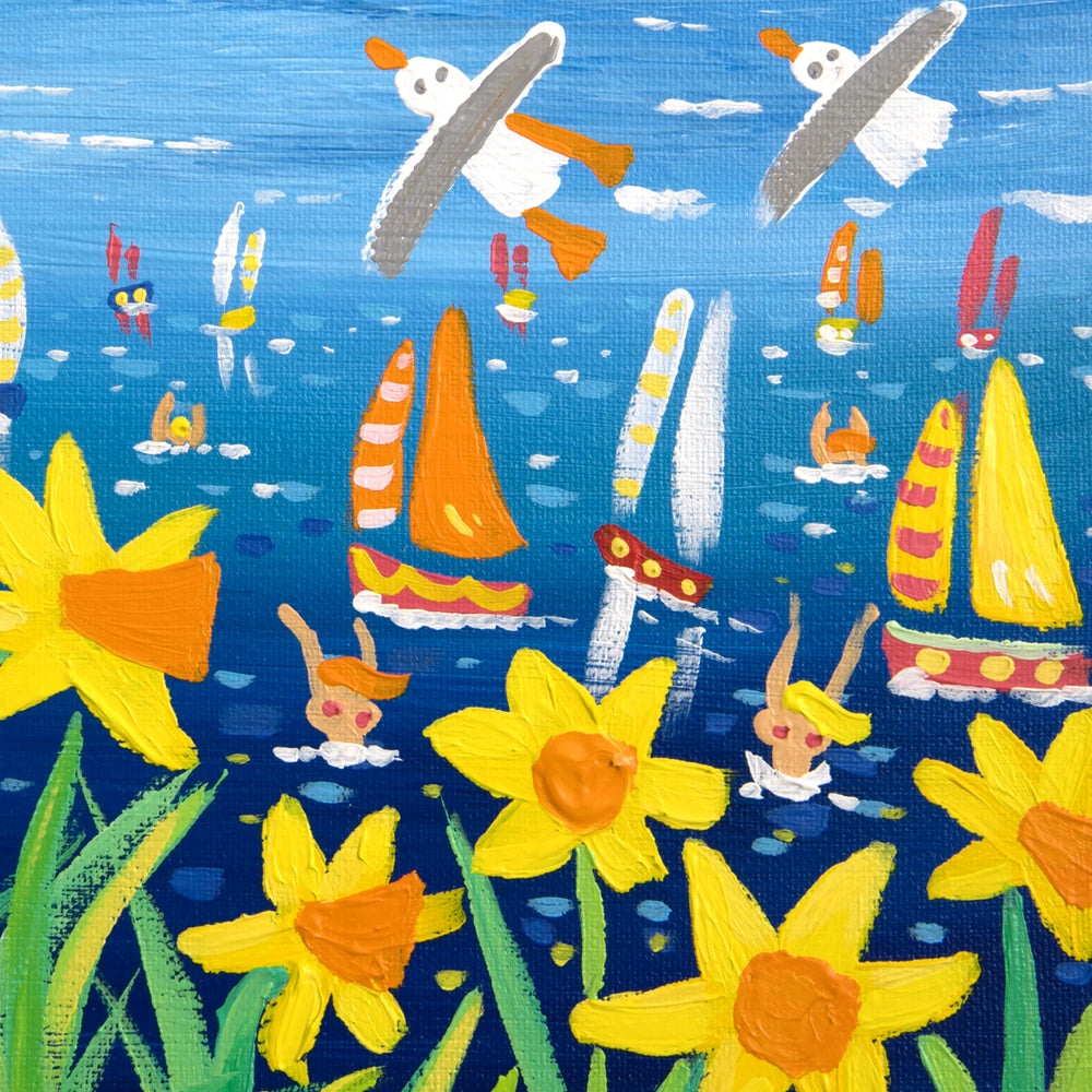 John Dyer Painting. Springtime Cornish Seagulls and Daffodils John Dyer