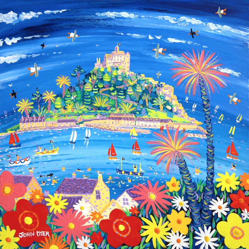 John Dyer Painting. Summer Flowers and Sailing Boats, St Michael's Mount John Dyer