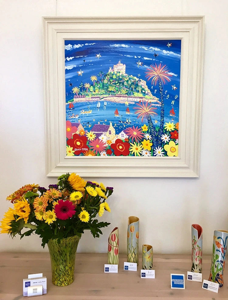 John Dyer Painting. Summer Flowers and Sailing Boats, St Michael's Mount John Dyer