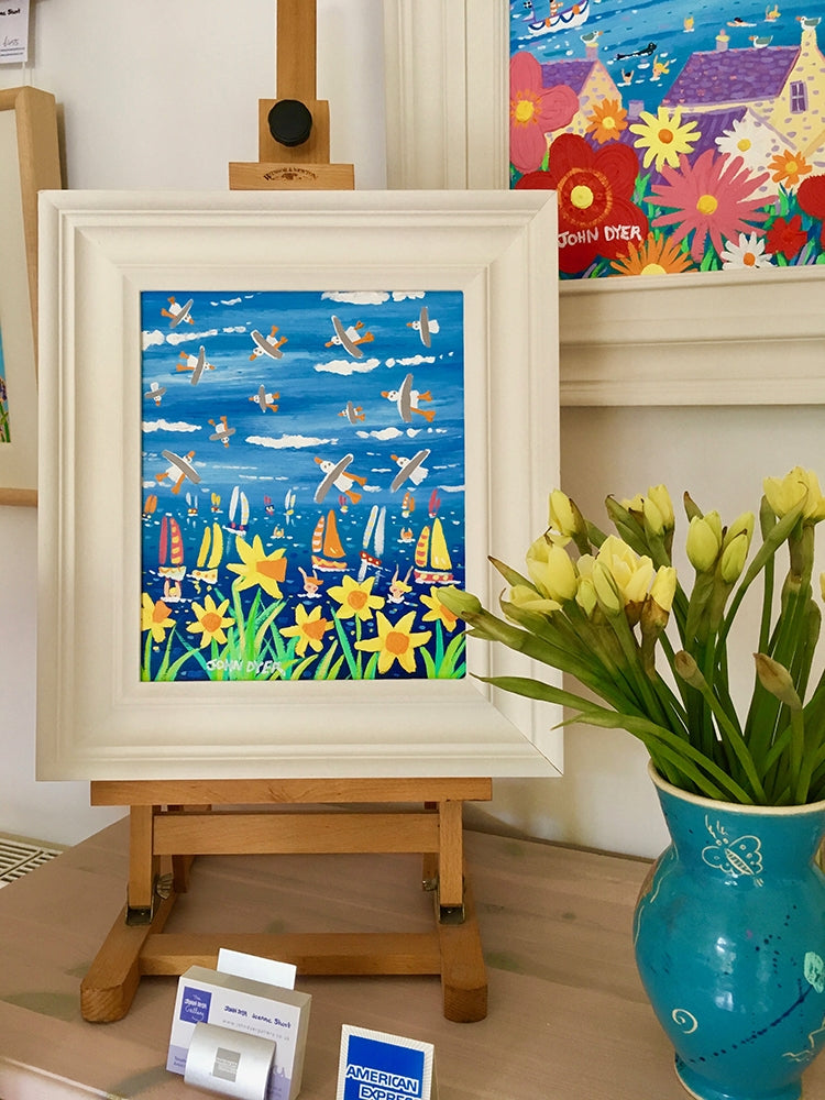 John Dyer Painting. Springtime Cornish Seagulls and Daffodils