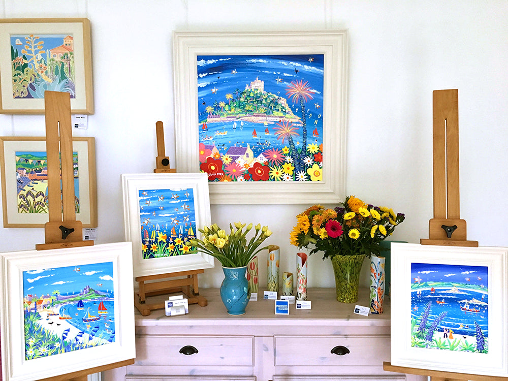 John Dyer Painting. Summer Flowers and Sailing Boats, St Michael's Mount