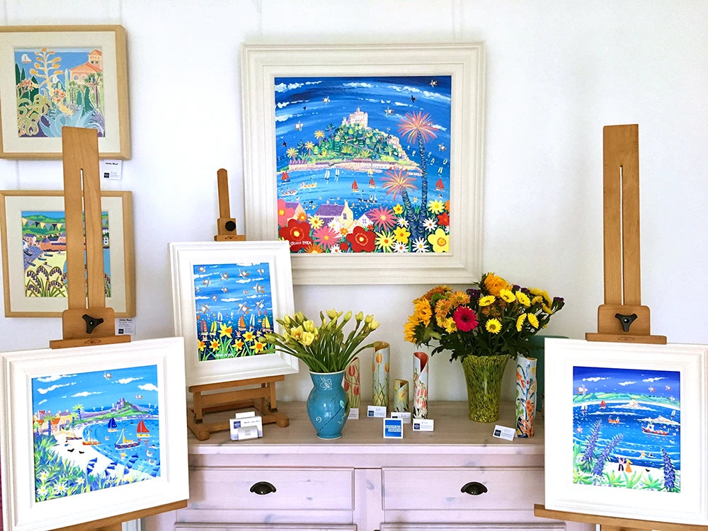 John Dyer Painting. Summer Flowers and Sailing Boats, St Michael's Mount John Dyer