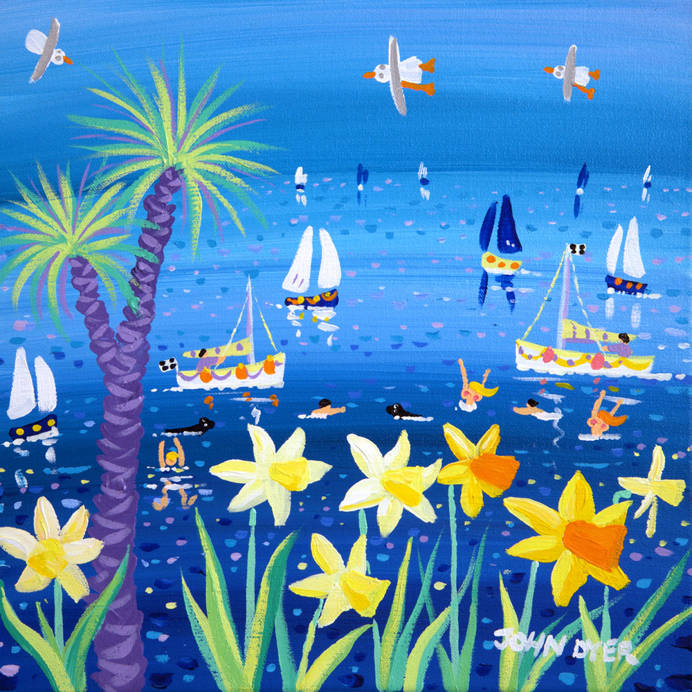 John Dyer Painting. Spring Dippers. Daffodils and swimmers in Cornwall