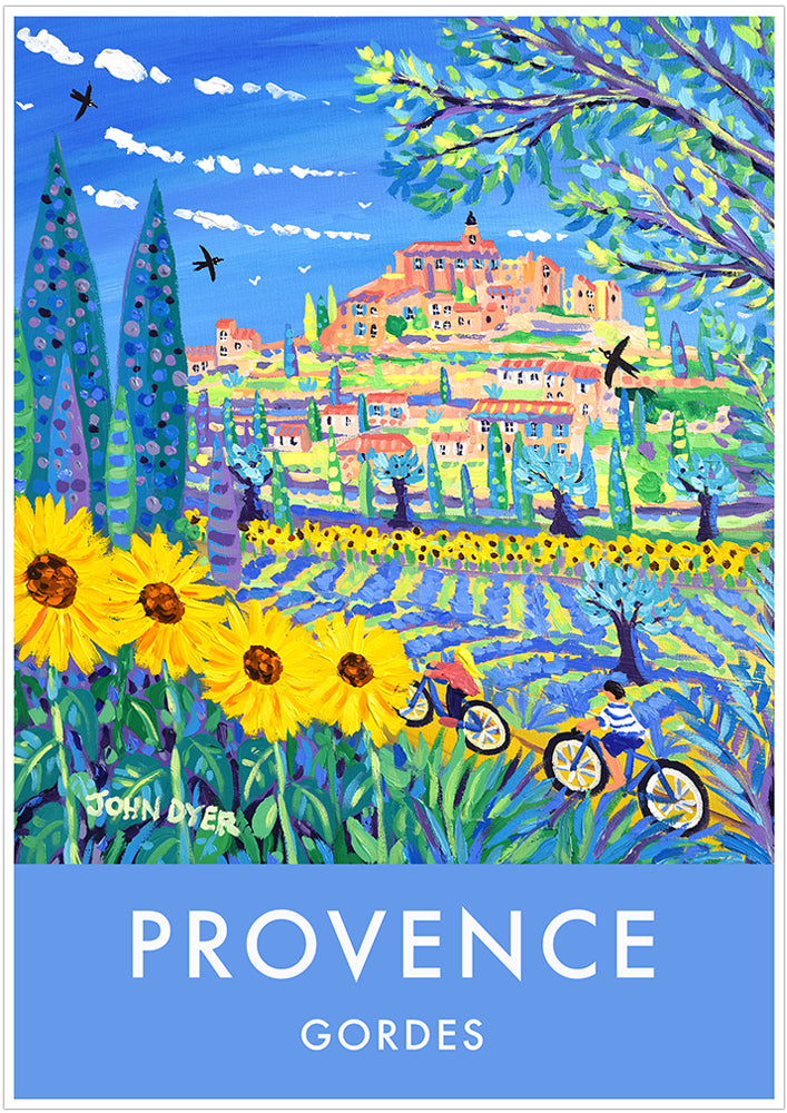 Gordes, Provence, France. Sunflower and Lavender Vintage Style Travel Art Poster Print by John Dyer.