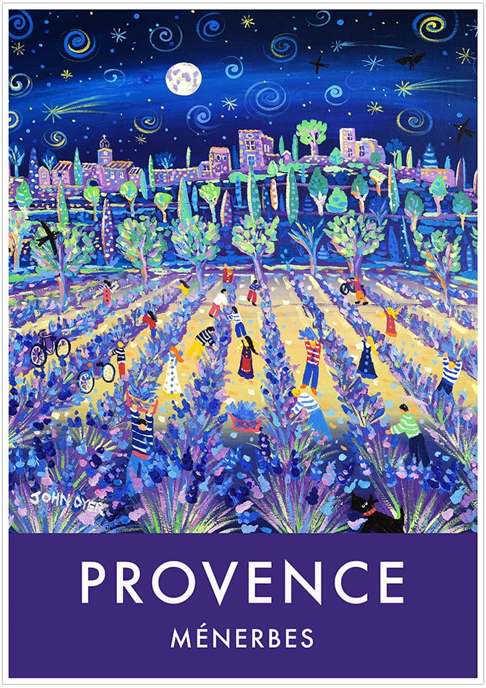 Lavender fields, Menerbes, Provence, France. Vintage Style Travel Poster Art Print by John Dyer. John Dyer