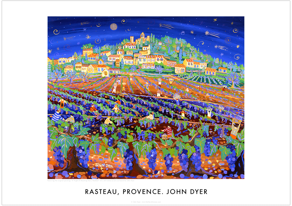 Poster of Rasteau by John Dyer. A Night of Shooting Stars, Grape Harvest, Rasteau, Provence. 'A Night of Shooting Stars, Rasteau' by John Dyer captures the grape harvest in the village of Rasteau, Provence. This classic wall art poster print by John Dyer shows the grape harvest in the Côte du Rhone region of France. A full moon illuminates the scene of people filling baskets with grapes. Rasteau can be seen on the hillside and shooting stars fly overhead. An absolutely beautiful picture of Provence.