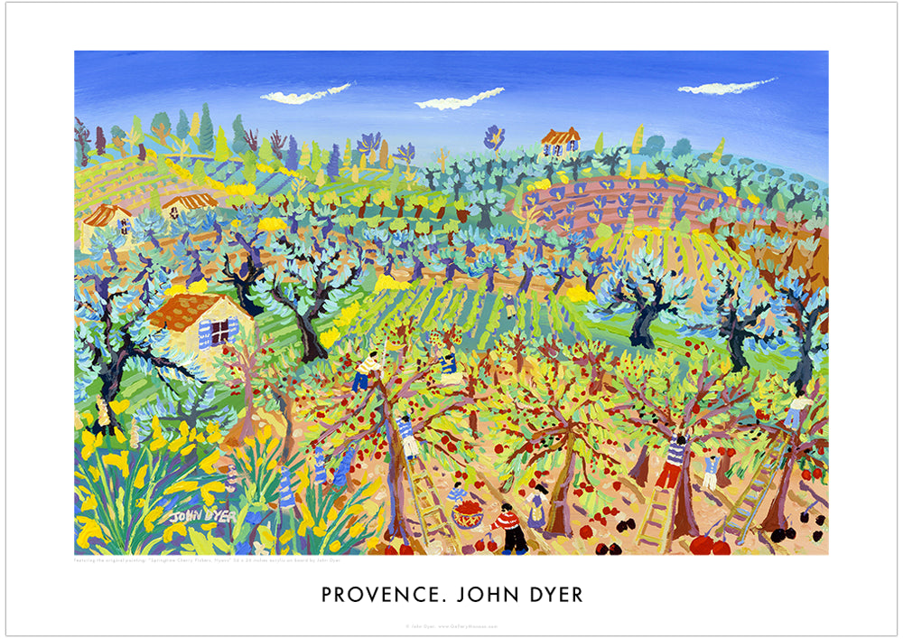 The painting 'Springtime Cherry Pickers, Provence' by John Dyer features on this classic wall art poster print. John painted this piece immersed in the Provençal countryside. The scene teams with activity as the farmers climb ladders to pick the cherries. Wild broom features in the foreground and olive groves and vineyards fill the hillsides beyond. A stunning poster of Provence.