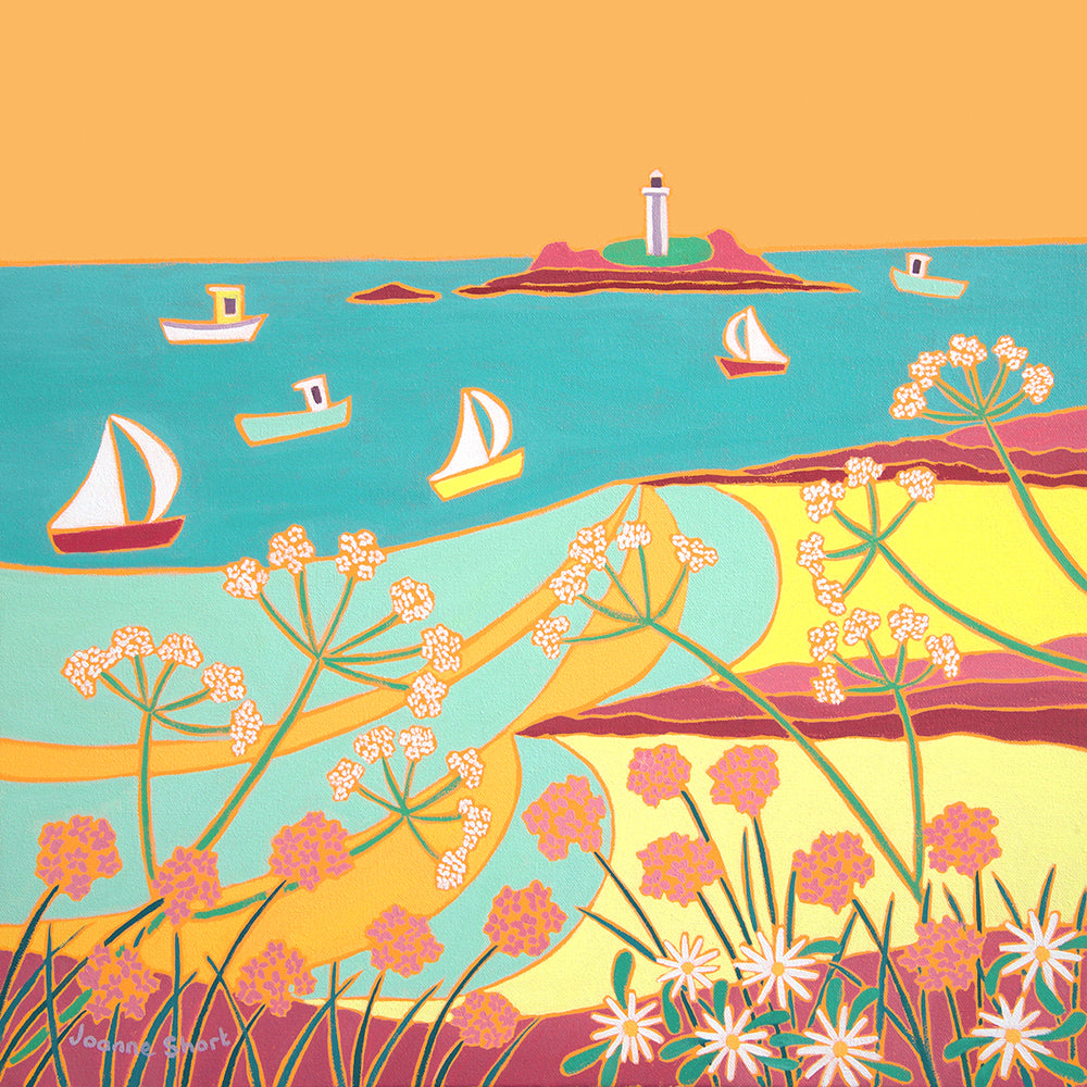 In this stunning painting of Godrevy lighthouse, Joanne captures the colour and light of a spring sunset on a hot, sunny evening. Boats circle the lighthouse as flowers nod in the breeze on the cliff tops. This is an unusual palette of colours which recreates memories of tranquil lazy holidays by the sea.