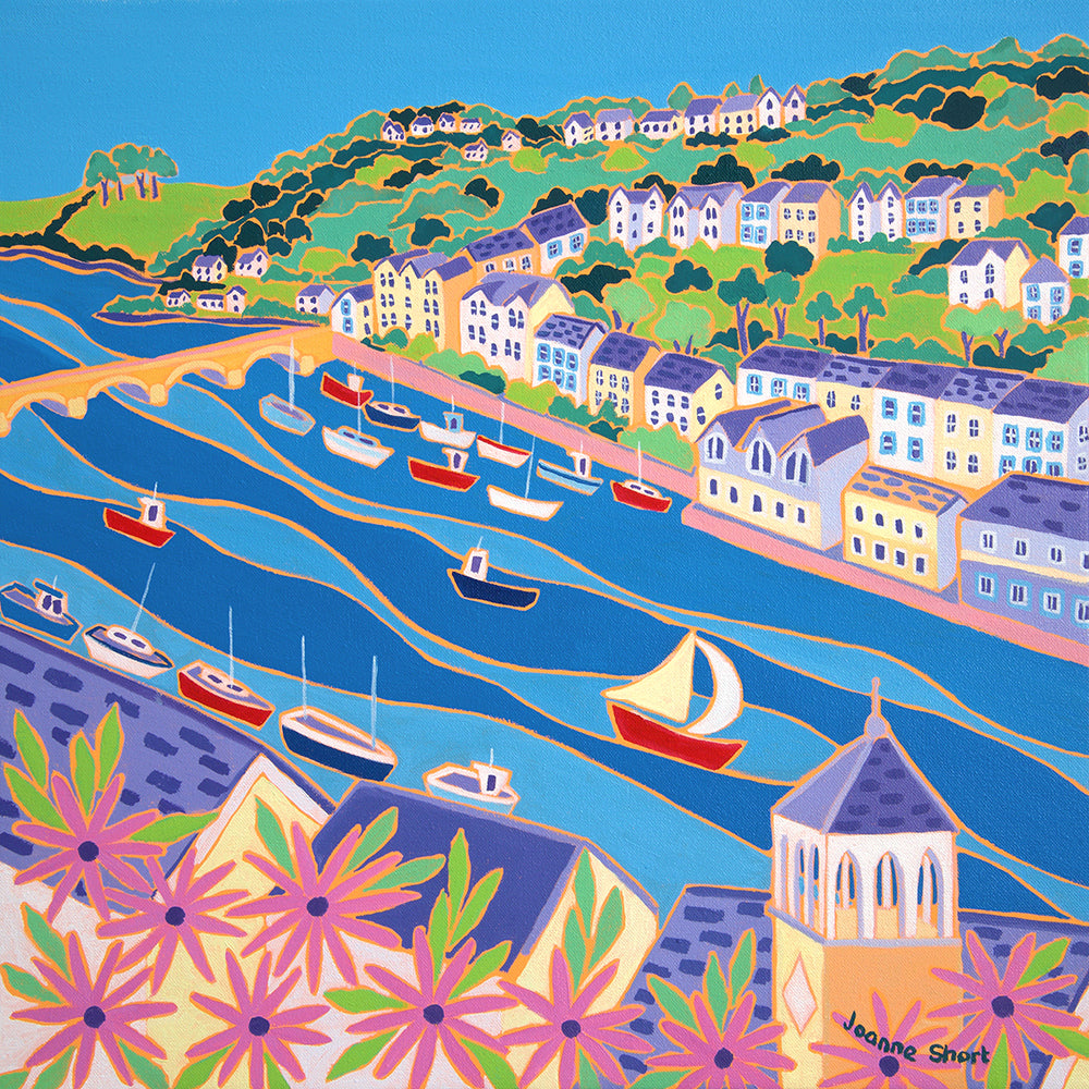 Original Cornish Painting by Joanne Short. 'Boats on the River, Looe'. 18 x 18 inches oil on canvas. Cornwall Art Gallery
