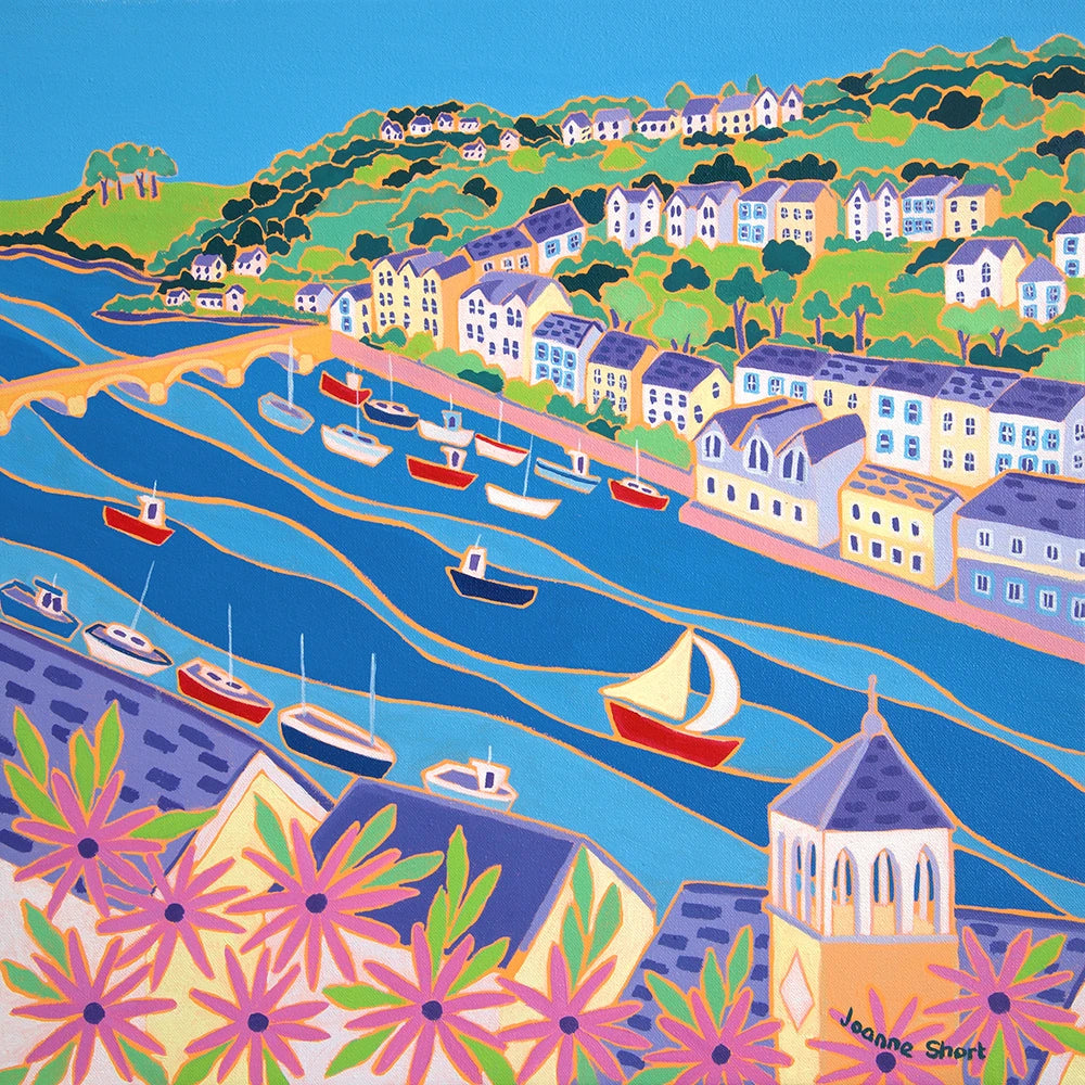 Original Cornish Painting by Joanne Short. 'Boats on the River, Looe'. 18 x 18 inches oil on canvas. Cornwall Art Gallery Joanne Short