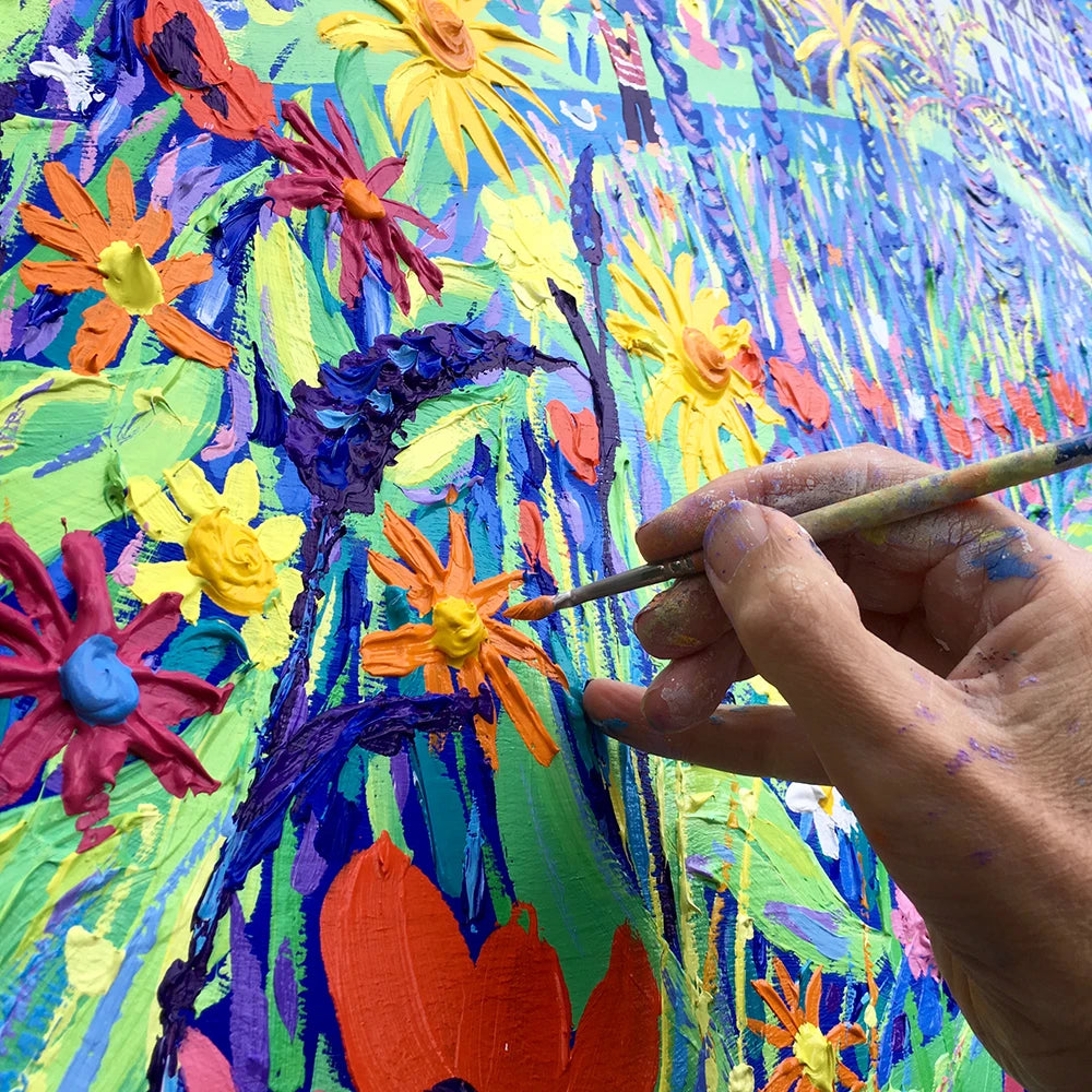 John Dyer Painting. A Wave of Summer Colour, Gyllyngvase Beach, Falmouth John Dyer