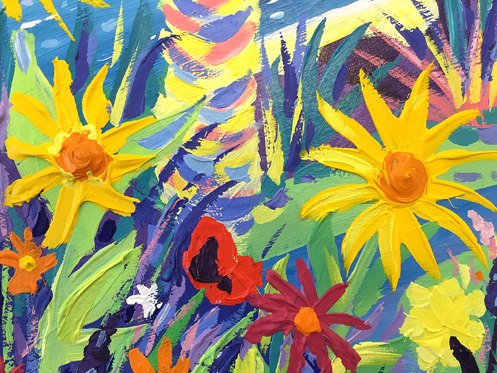 John Dyer Painting. A Wave of Summer Colour, Gyllyngvase Beach, Falmouth