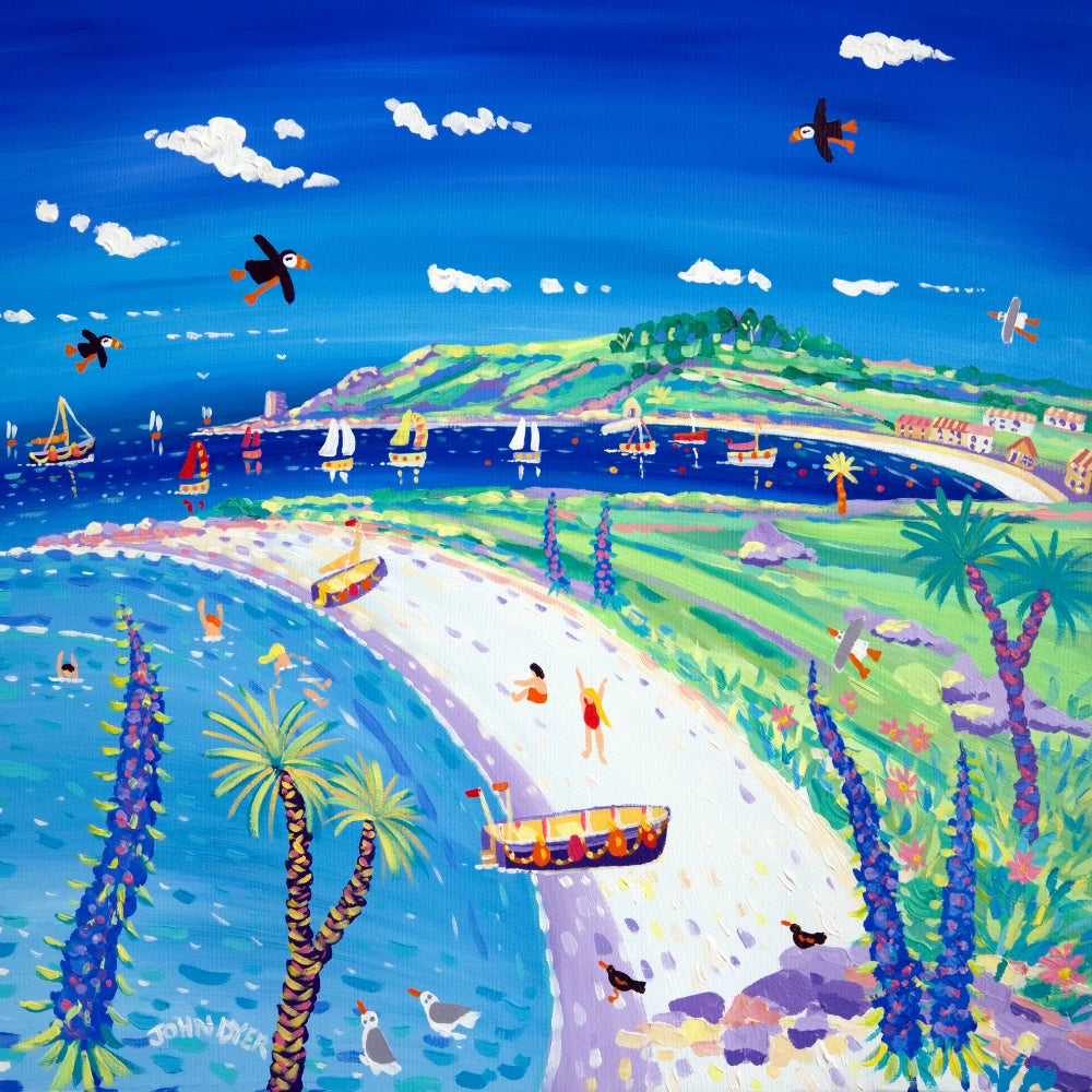 John Dyer Painting. Blue Sky and Puffins, Tresco, New Grimsby John Dyer