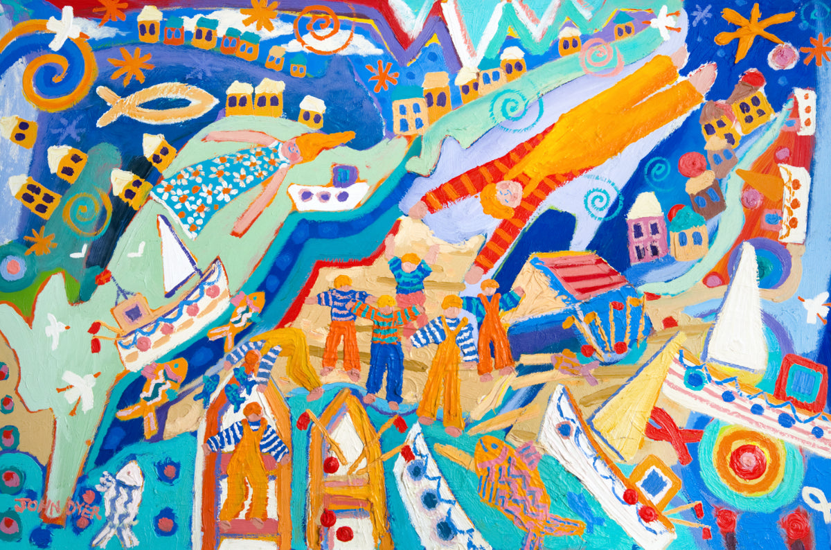 John Dyer Cornwall Painting. 'The Cat Chasing the Rabbit, Cadgwith'. 24x36 inches oil on board. Cornish Art from our Cornwall Art Gallery