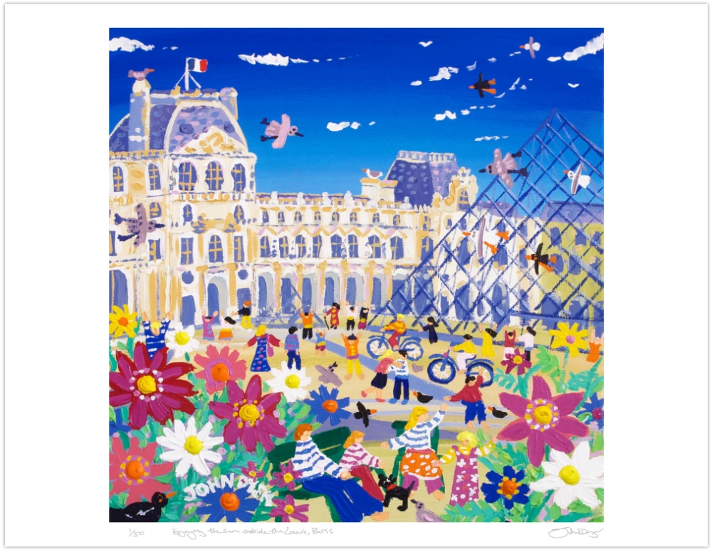 Limited Edition French Print by John Dyer. 'Enjoying the Sun outside the Louvre, Paris'. John Dyer