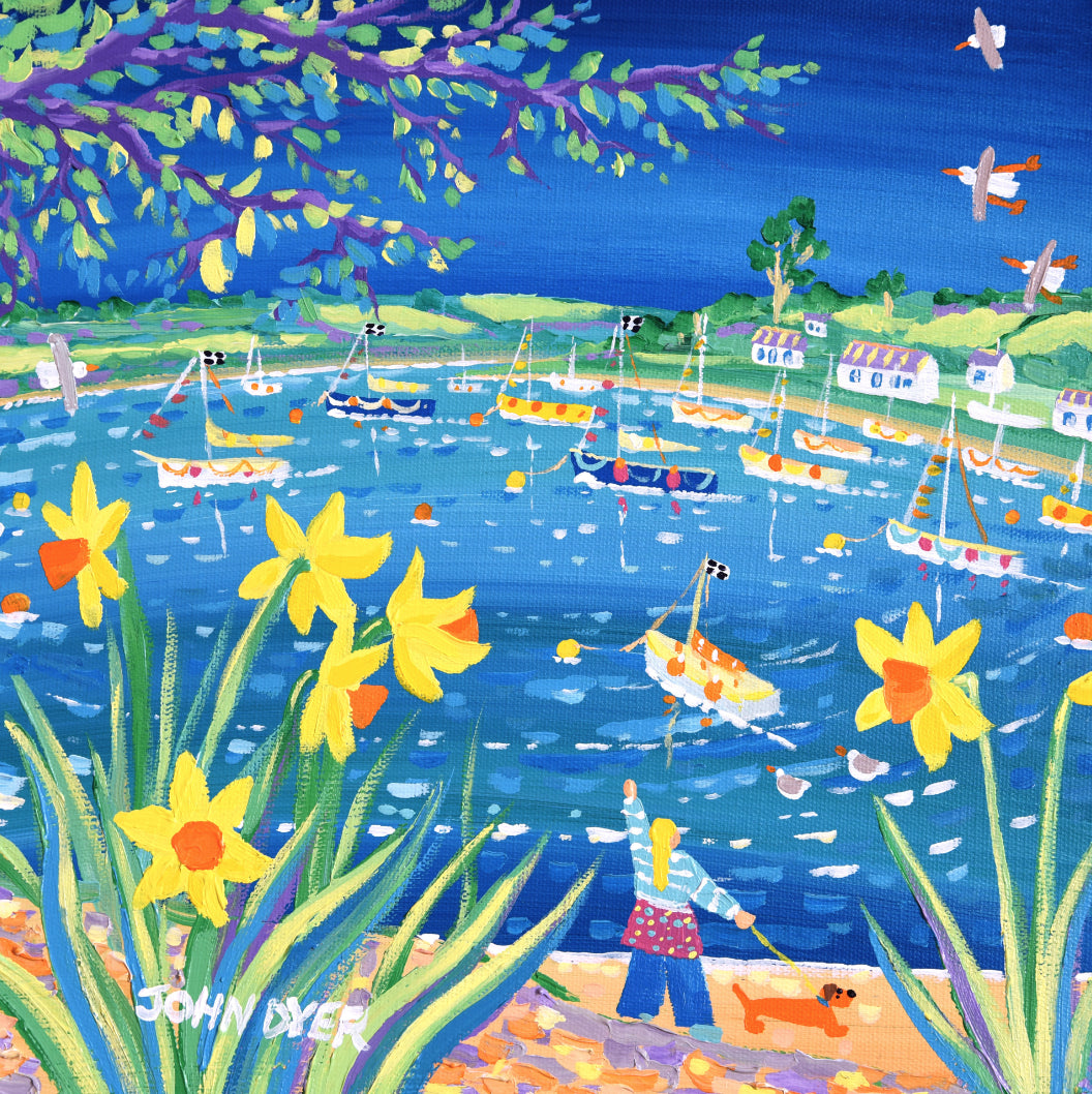 Signed Limited Edition Print by Cornish Artist John Dyer. 'Spring Sausage Dog Walkies, Mylor'. Cornwall Art Gallery Print