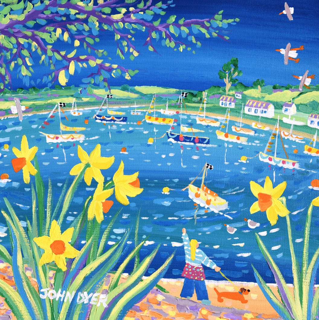 Signed Limited Edition Print by Cornish Artist John Dyer. 'Spring Sausage Dog Walkies, Mylor'. Cornwall Art Gallery Print John Dyer