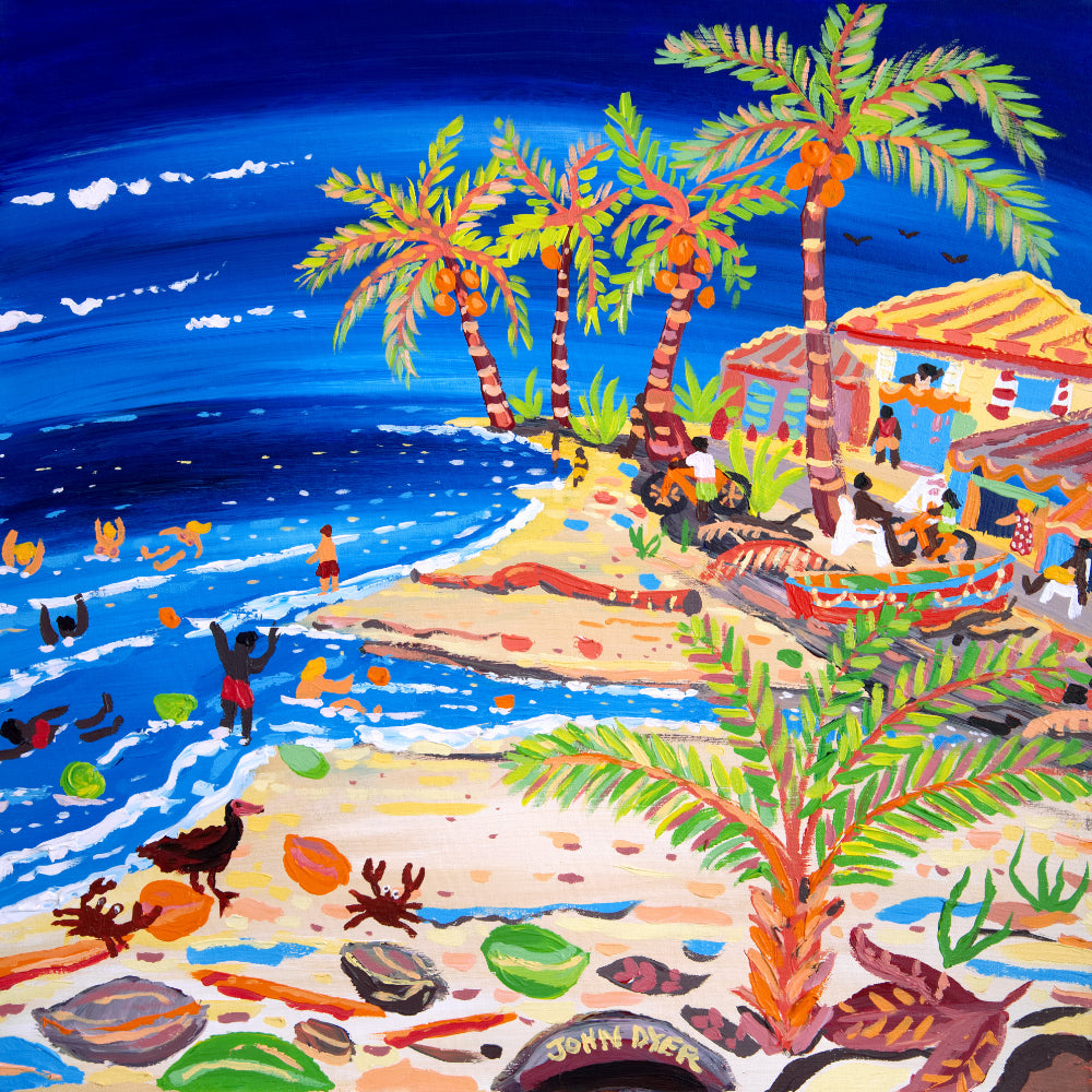 'Blue Seas and Coconut Trees, Costa Rica'. 24x24 inches acrylic on canvas. Painting of the Caribbean by John Dyer