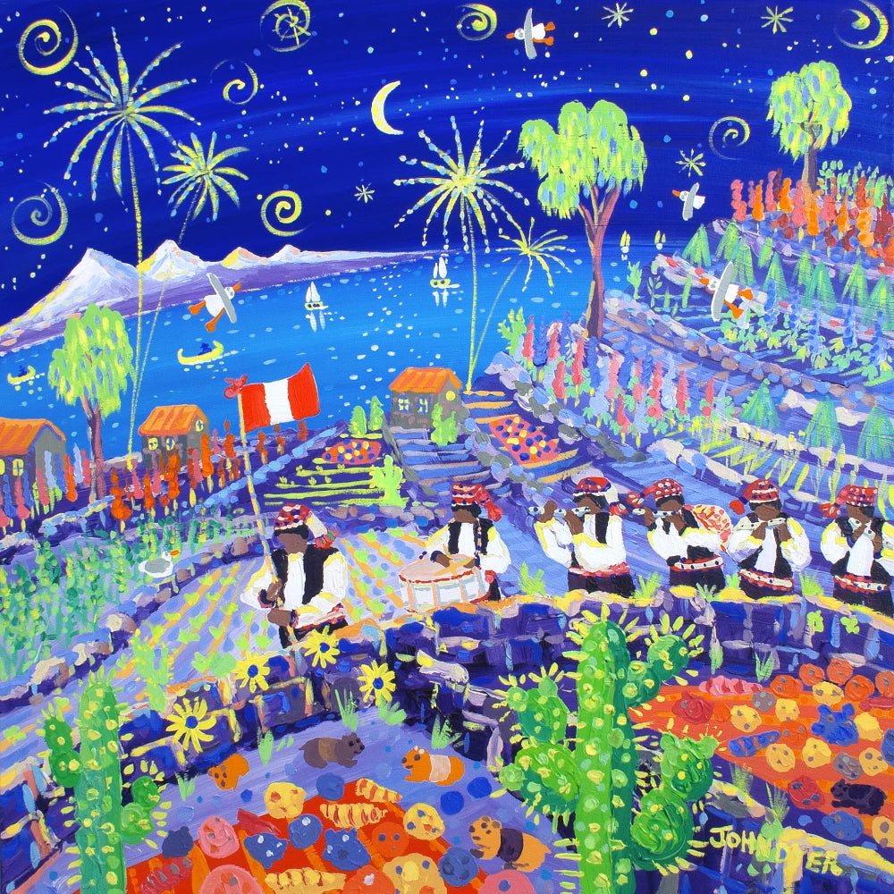 John Dyer Painting. Pachamama Pipers, Isla Taquile, Peru John Dyer