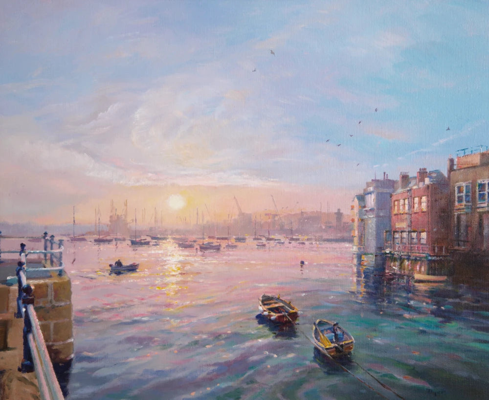 Ted Dyer Oil Painting. Sunrise over the Prince of Wales Pier, Falmouth
. 20 x 24 inches, oil on canvas Ted Dyer