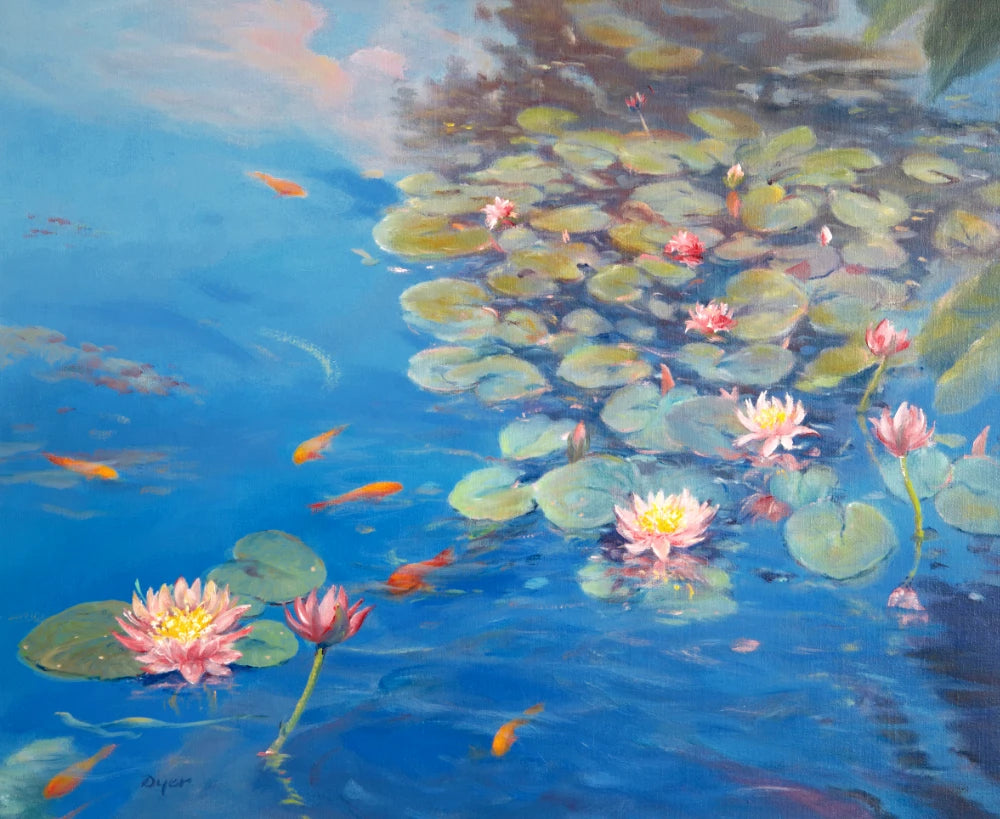 Ted Dyer Oil Painting. Water lilies and Sky Reflections, Kimberley Park Pond, Falmouth Ted Dyer
