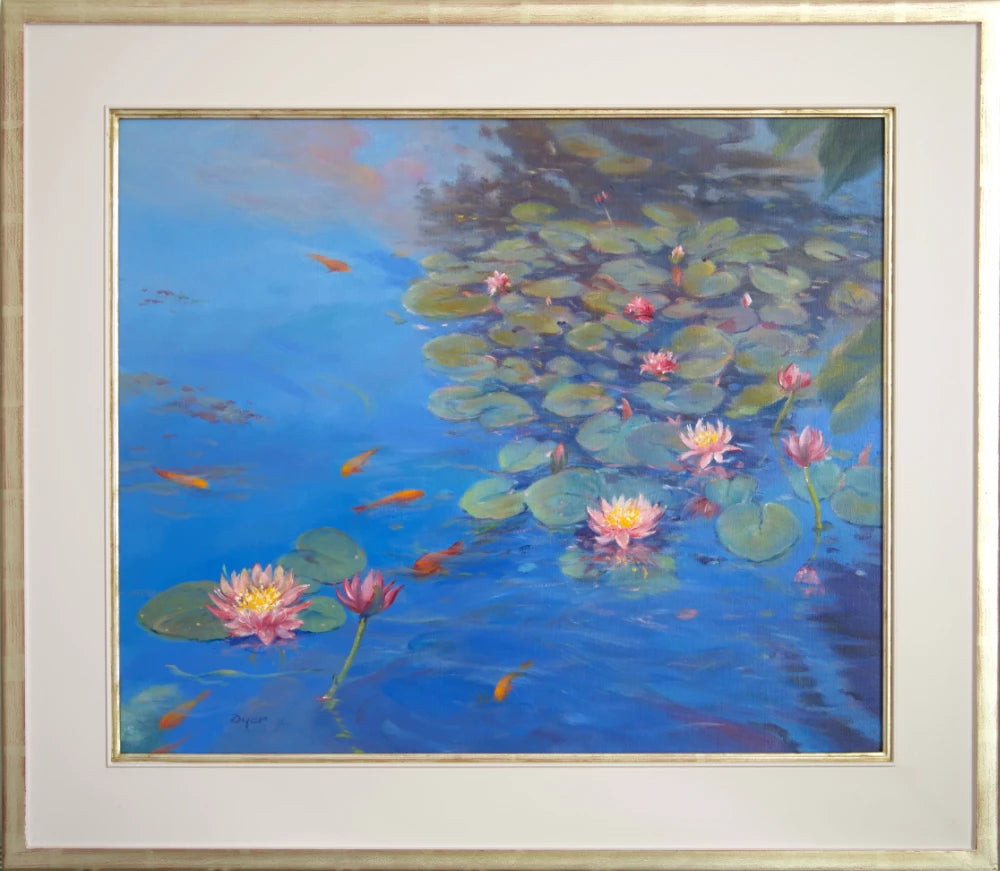 Ted Dyer Oil Painting. Water lilies and Sky Reflections, Kimberley Park Pond, Falmouth Ted Dyer