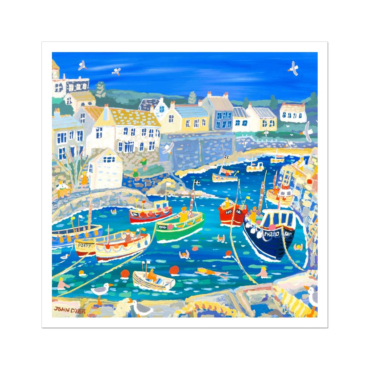 John Dyer Fine Art Print. Open Edition Cornish Art Print. 'Unloading the Catch, Coverack'. Coastal Art Print John Dyer