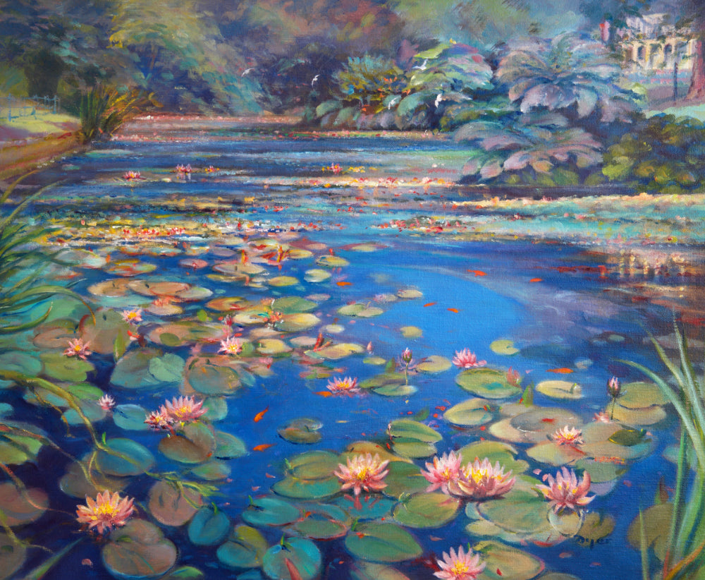 Ted Dyer Oil Painting. Blues and Pinks, Mid-Summer, Kimberley Park