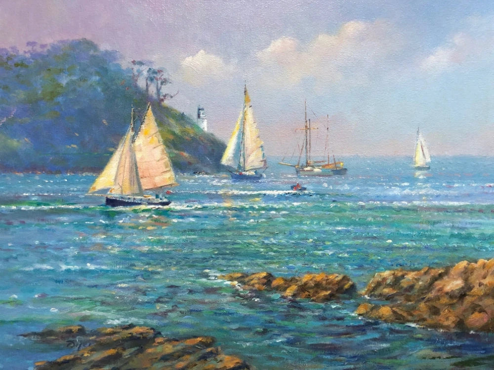 Ted Dyer Oil Painting. Sunlit Sails, St Anthony Head Ted Dyer
