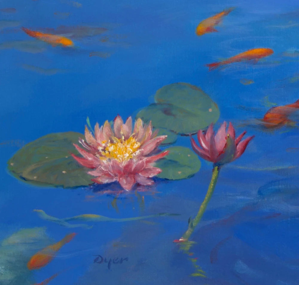 Ted Dyer Oil Painting. Water lilies and Sky Reflections, Kimberley Park Pond, Falmouth Ted Dyer