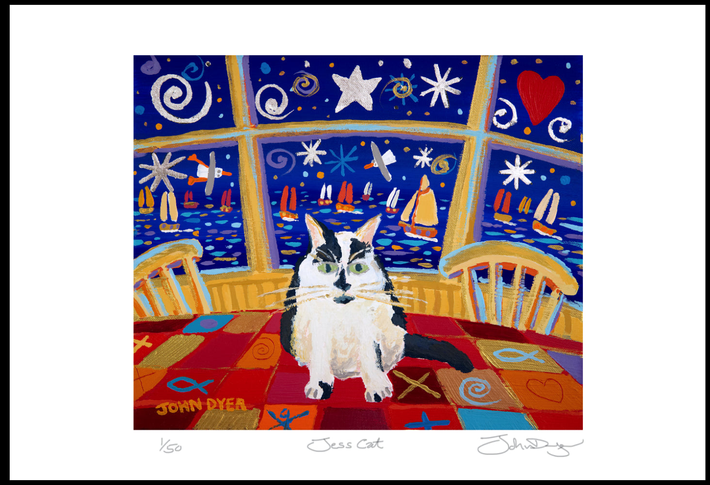 Limited Edition Cat Print. 'Jess Cat'. By Cornish artist John Dyer. Cornwall Art Gallery Print. Black and White cat on a table