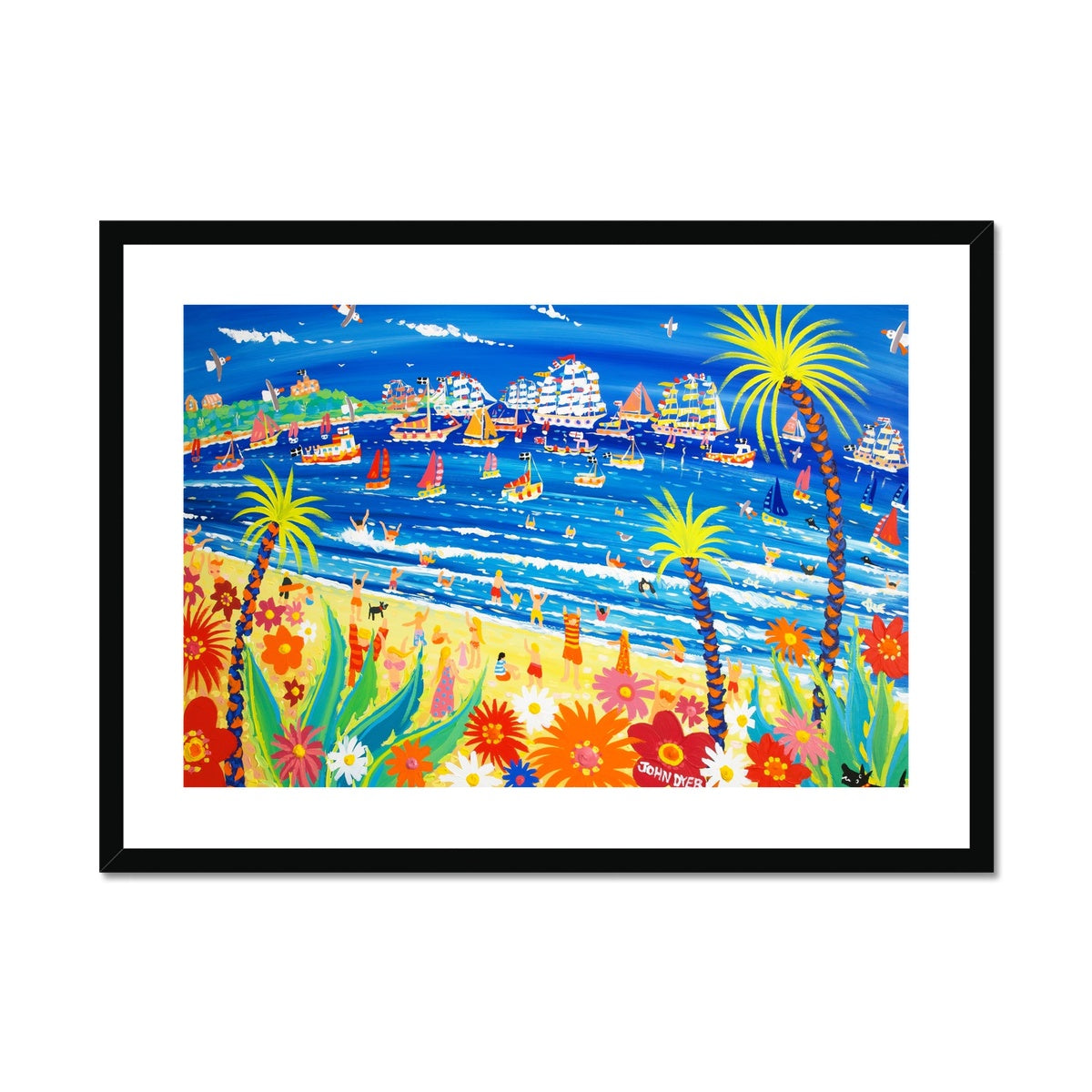 John Dyer Framed Open Edition Cornish Art Print. 'Race Day, Tall Ships, Gyllyngvase Beach, Falmouth'. Cornwall Art Gallery