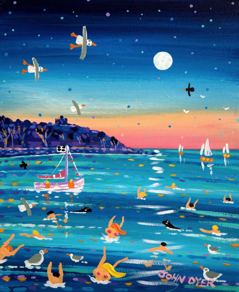 John Dyer Painting. Moonlit Dip, Castle Beach, Falmouth John Dyer