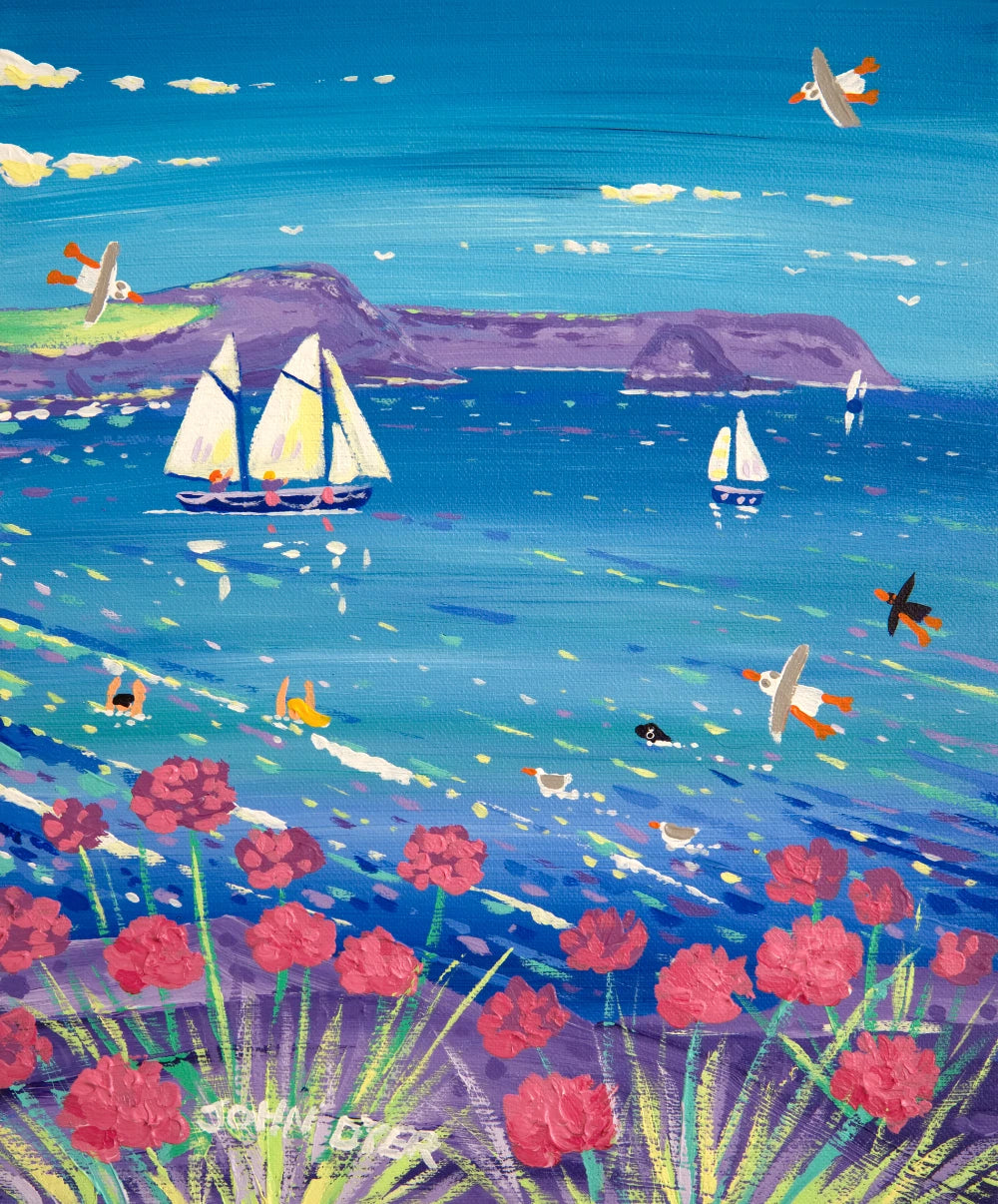 John Dyer Painting. Seapinks and Sailing Boats, Roseland John Dyer