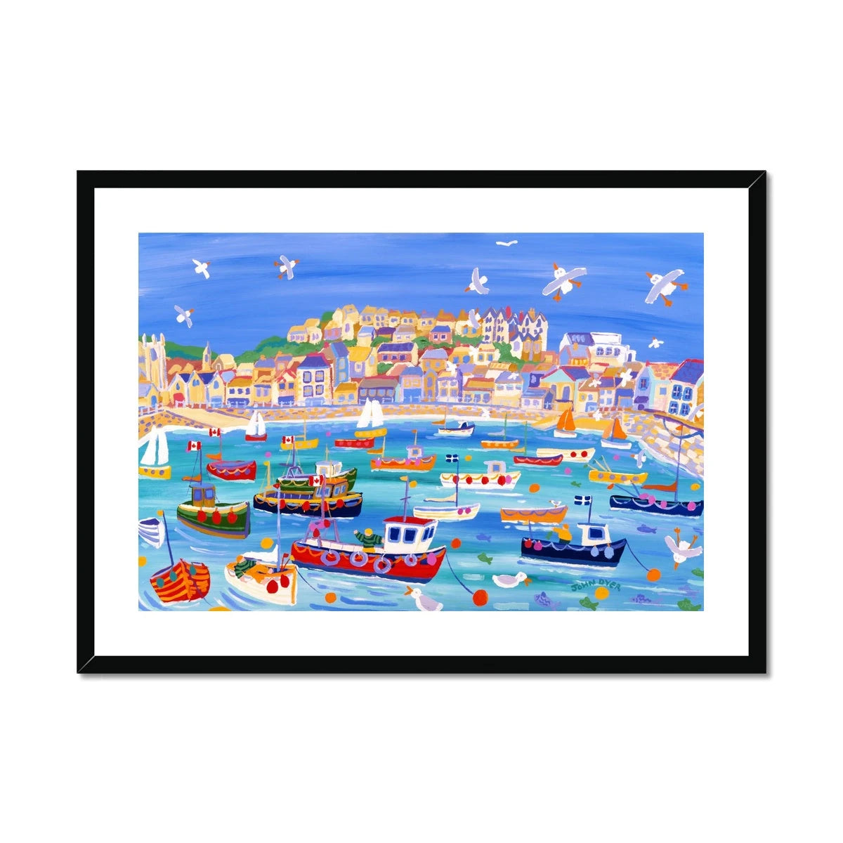 John Dyer Framed Open Edition Cornish Fine Art Print. 'Boats in the Harbour on a High Tide, St Ives'. Cornwall Art Gallery John Dyer