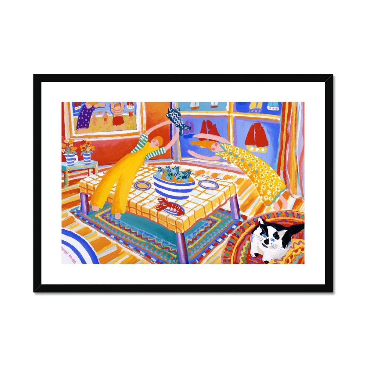 John Dyer Framed Open Edition Cornish Art Print. 'Cat on a Kashmir with Stargazy Pie'. Cornwall Art Gallery John Dyer