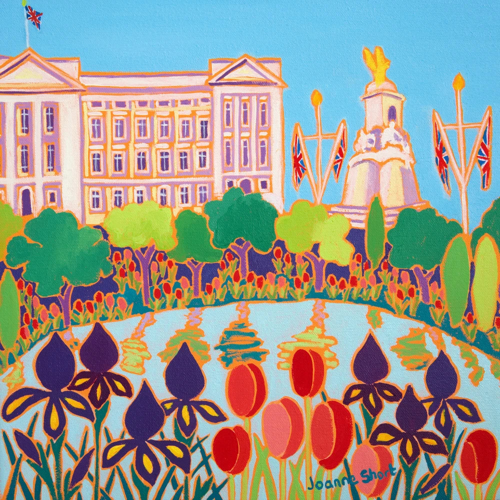 Original Garden Painting by Joanne Short. Tulips and Irises, Buckingham Palace, London. 12 x 12 inches oil on canvas Joanne Short