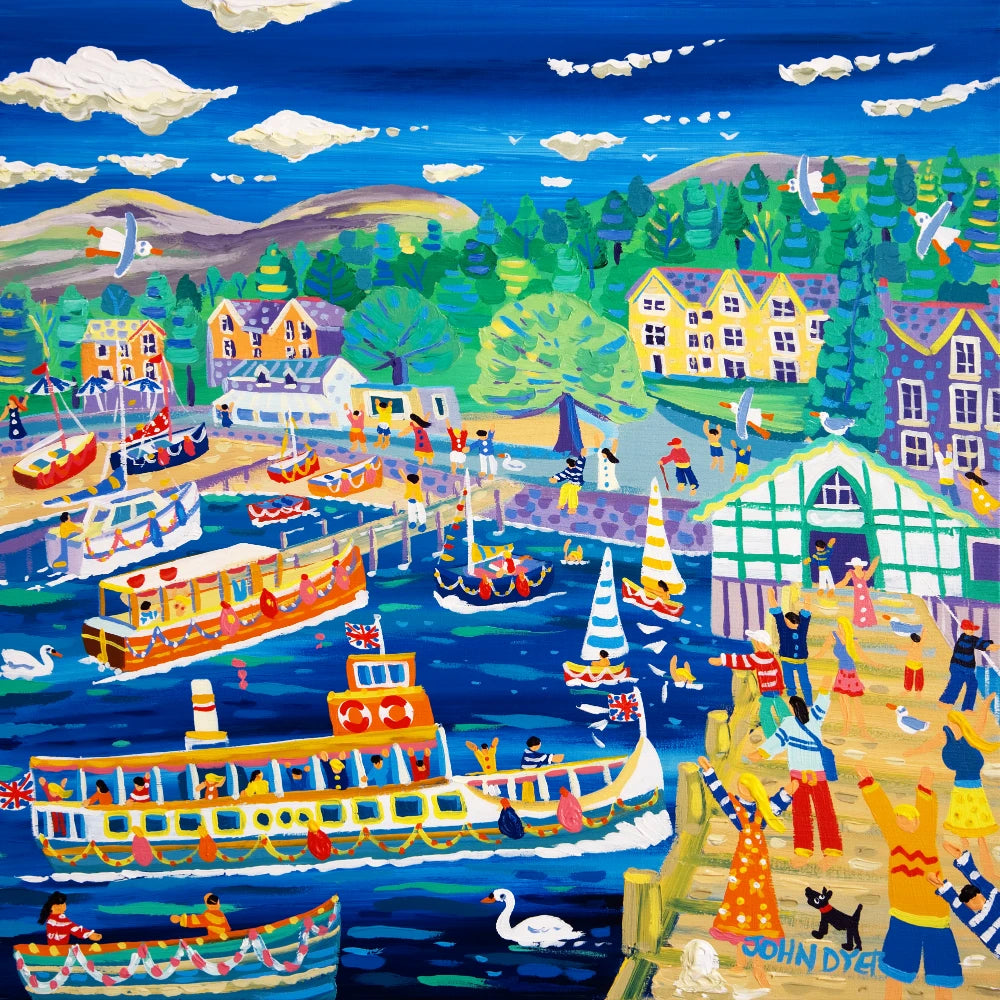 John Dyer Painting. Ferries and Fun, Ambleside Pier, The Lake District John Dyer