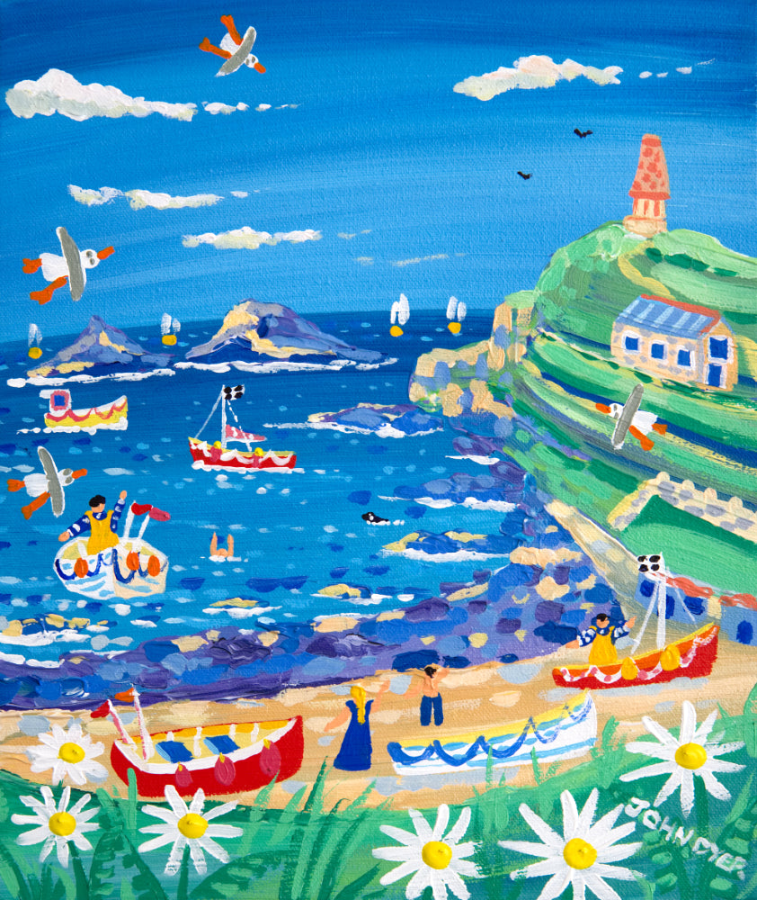 John Dyer Painting. Blue sea and fishing Boats, Cape Cornwall.