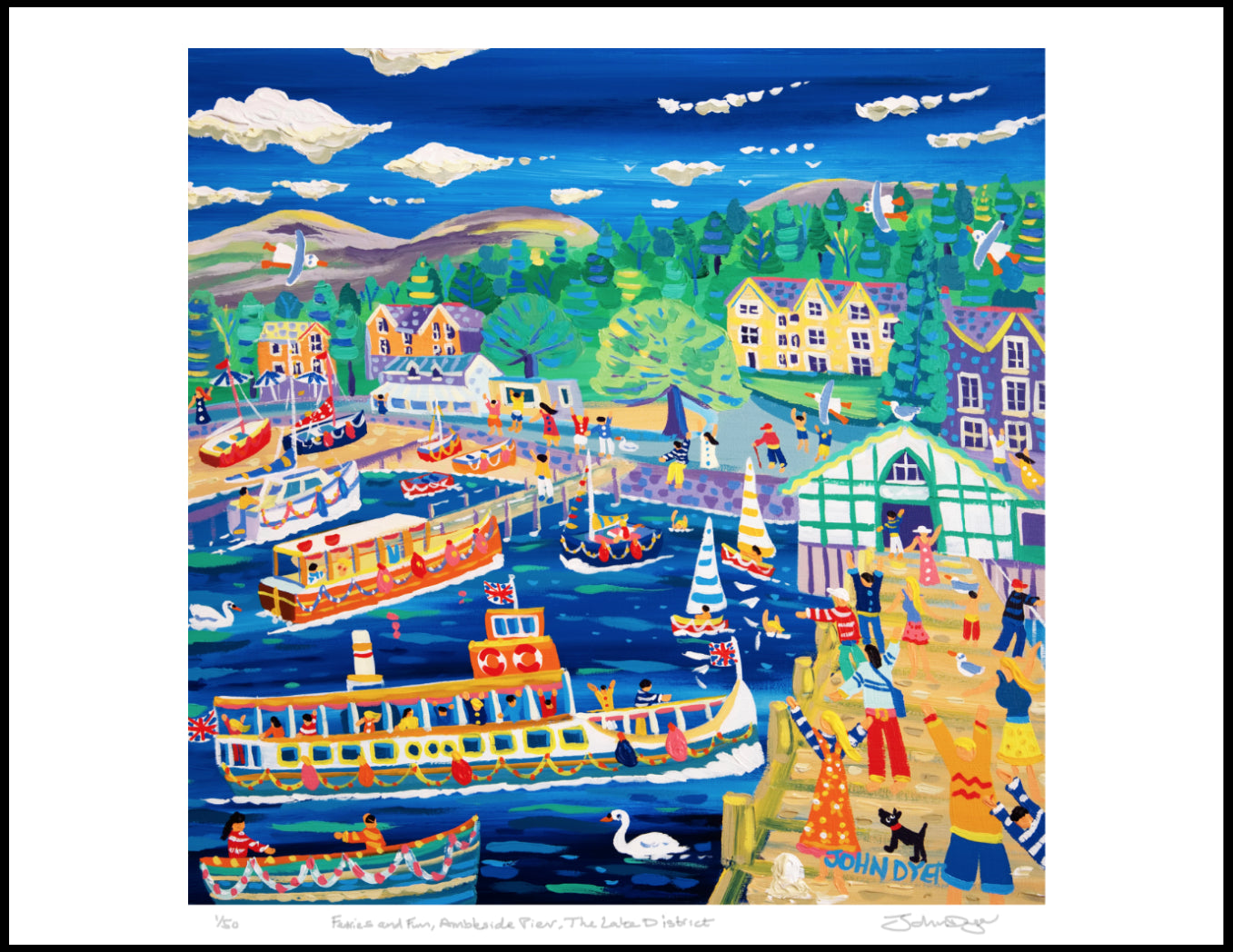 Limited Edition Print by John Dyer. 'Ferries and Fun, Ambleside Pier'. Lake District Print